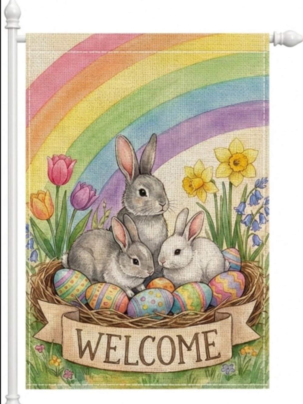 Double-Sided Welcome Easter Garden Flag with Bunny Family & Rainbow - 12x18 Inch